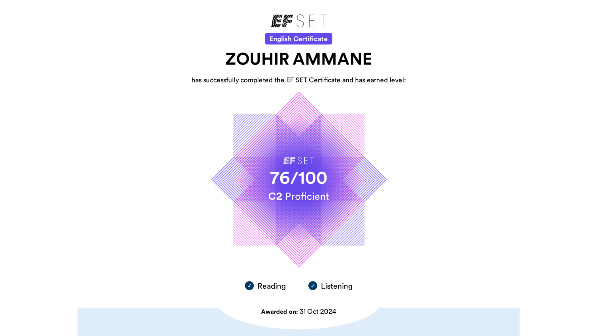 EF SET English Certificate showing 76 out of 100 C2 Proficient